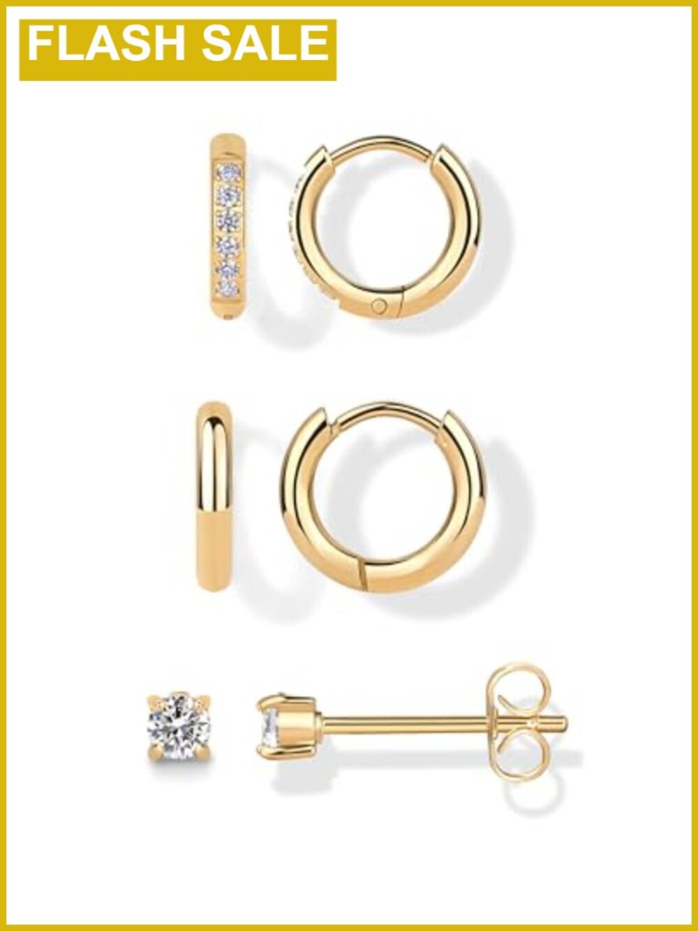 Waterproof Set of 3 Huggie Hoop Earrings for Women - Gold Stainless Steel Hoops
